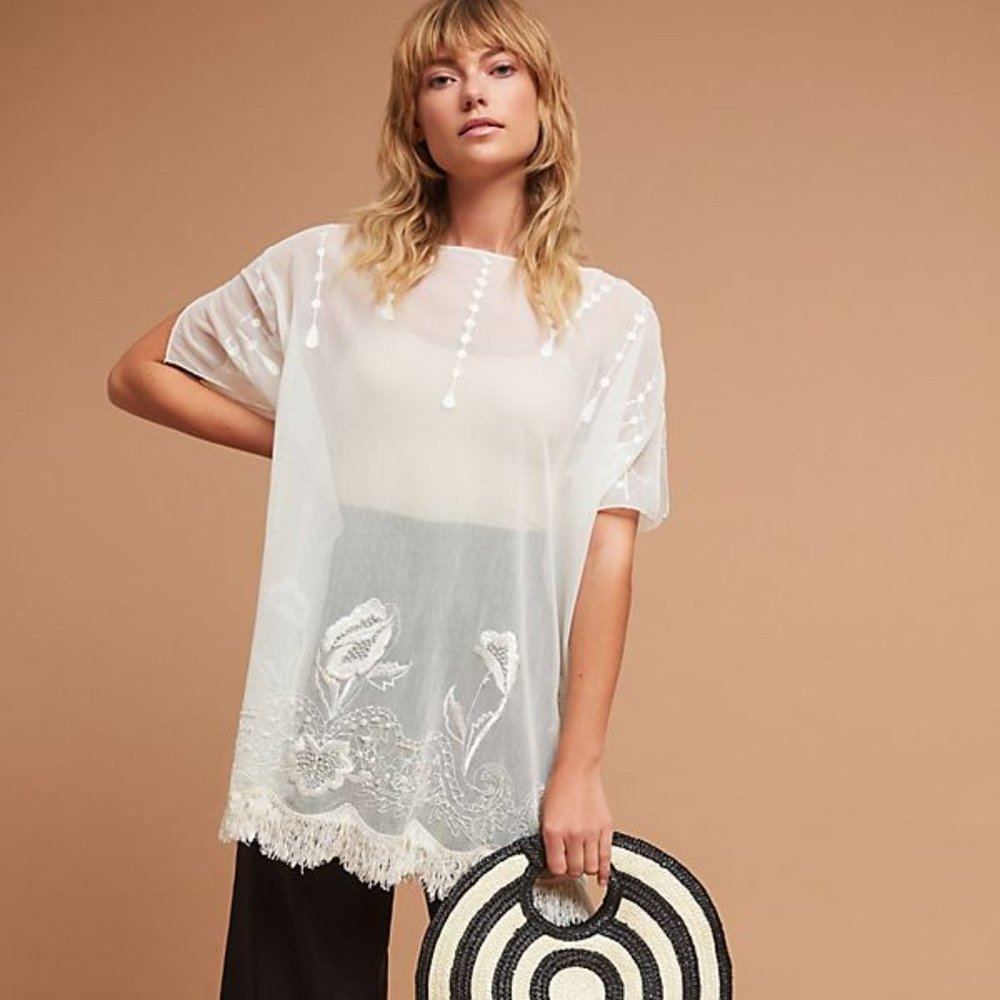 $148 Anthropologie Tunic Top /Swim Cover-up ~ Detailed Embroidery NEW Resortwear